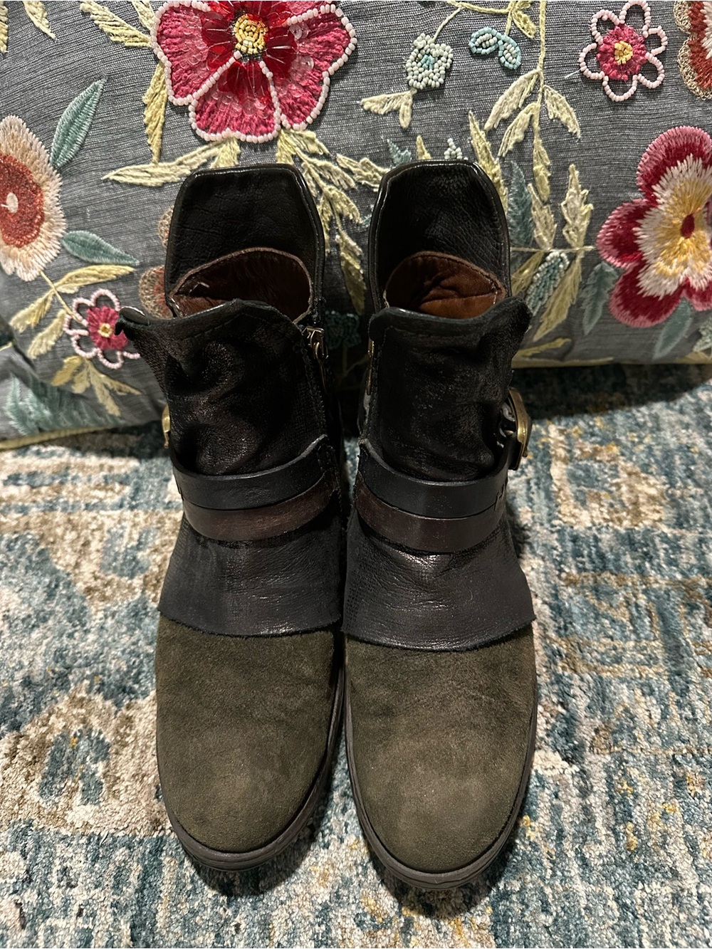 Men's Olive Green and Black Ankle Boots with Buckle Detail